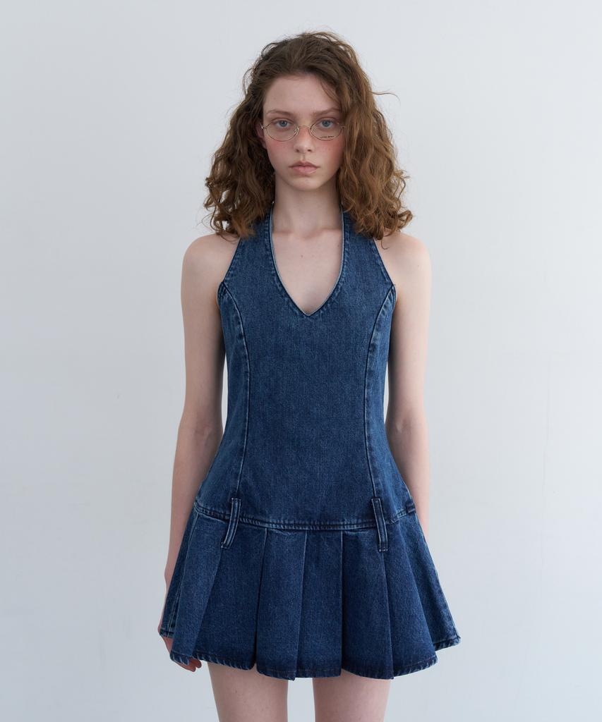 Obeodyupeulleeo Halter Neck Pleated Denim Dress_Indigo