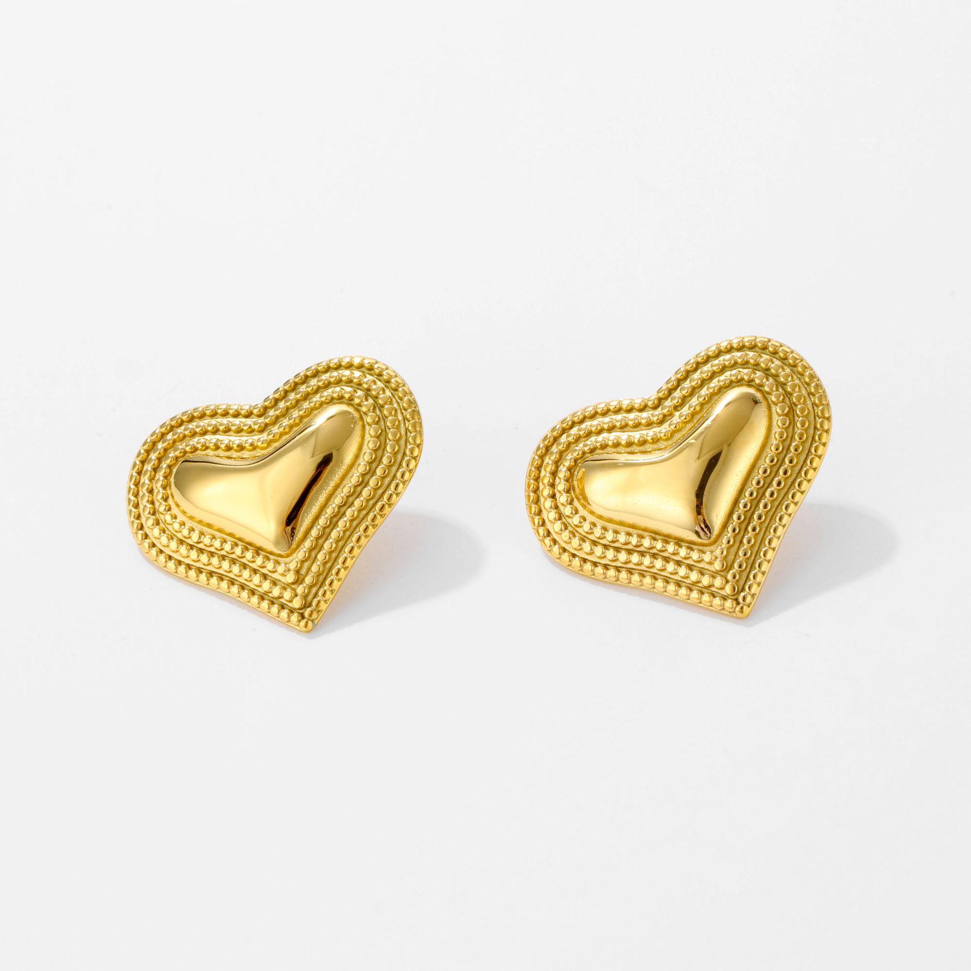 

Серьги-пусеты в форме сердца из 18-каратного золота и нержавеющей стали с дизайном из круглых бусин - Трендовый европейский и американский стиль 18K золотой