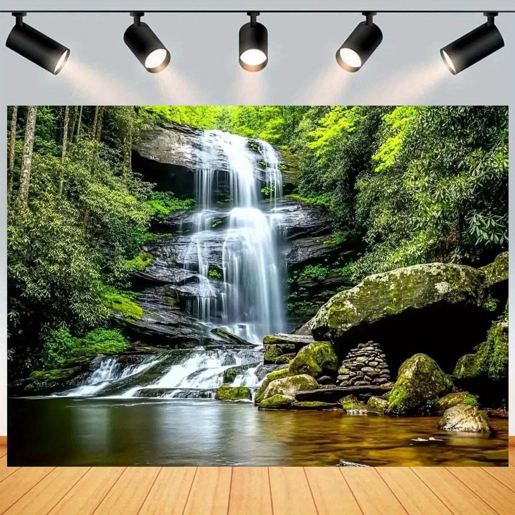 1pc Serene Forest Waterfall Wallpaper - Polyester, Birthday Decoration, Festival Background, Photo Shooting Props