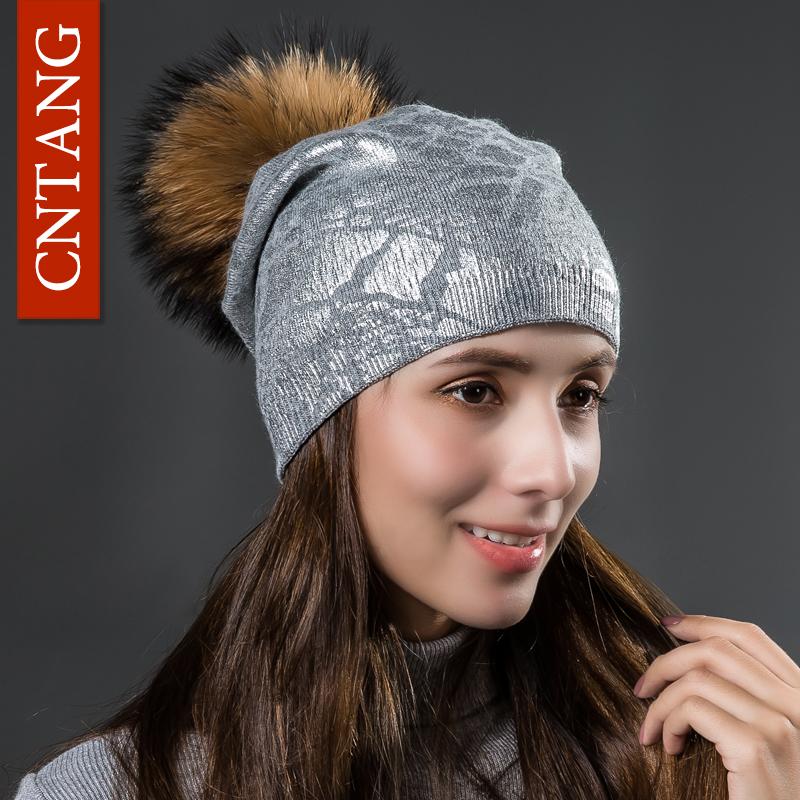 Cntang Knitted Warm Double Layer Silver Print Wool Hats Women Autumn Winter Caps With Natural Fur Pompoms Beanies Fashion Hat