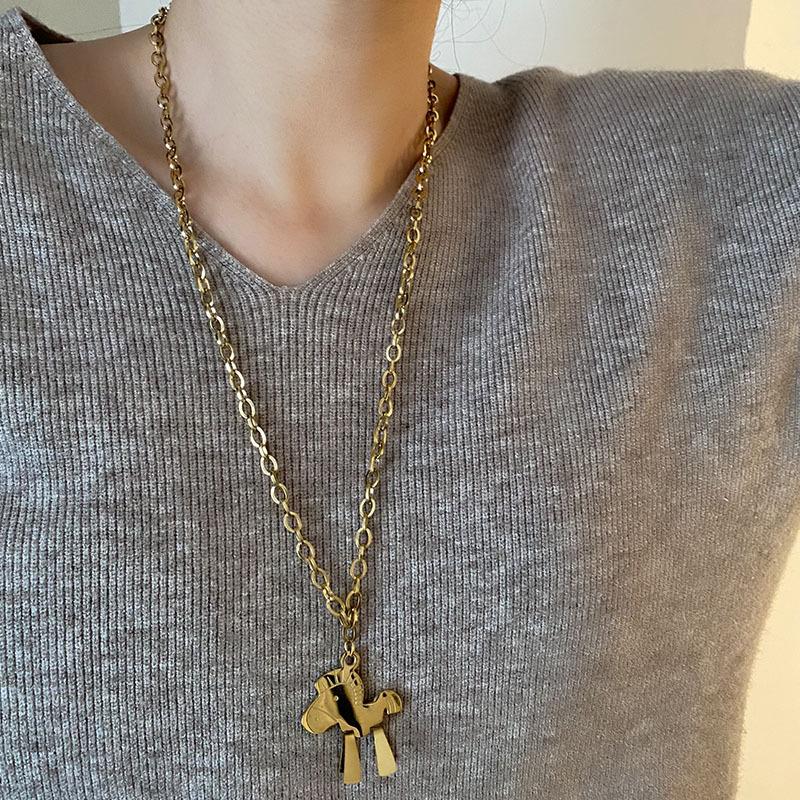 Korean Influencer Sweater Chain: Long, Non-Fading Little Horse Necklace Pendant in Titanium Steel for Women's Fashion.