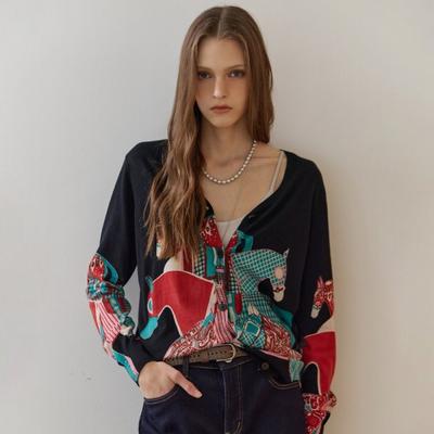 Gebreide Cardigan met V-hals en Meerdere Paardenpatronen Ze10qd019na