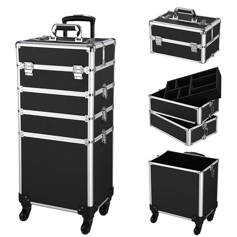 Professioneller Kosmetikkoffer mit großer Kapazität, tragbarer Aluminium-Make-up-Organizer-Koffer-Trolley für Damen, Reise-Make-up, Pink/Schwarz, 4-in-1