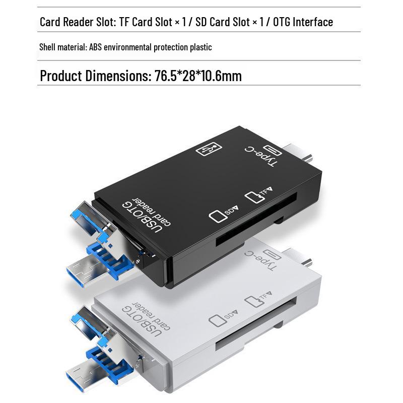 6-in-1 USB 3.0 Type-C Card Reader for Android & Computers, OTG SD/TF/U Disk Compatible.