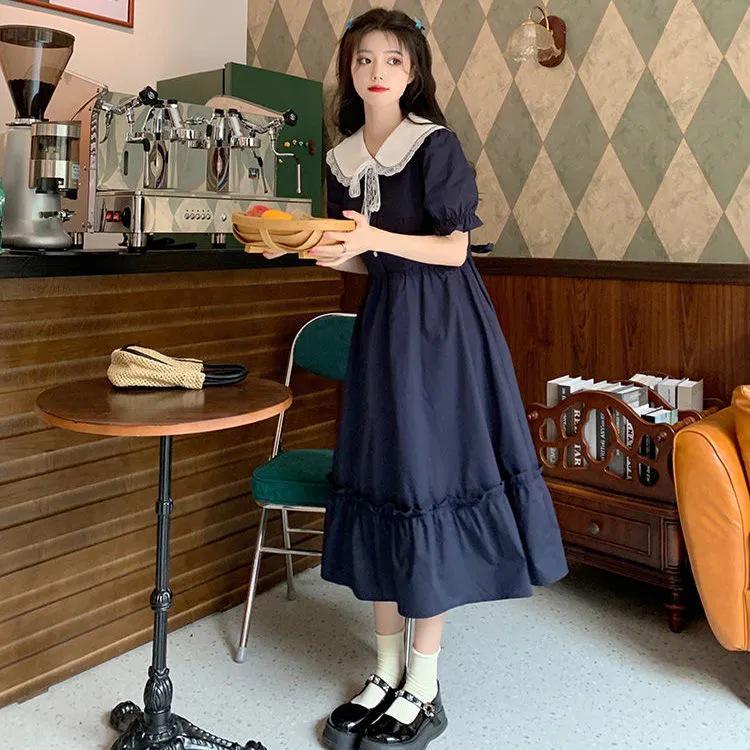 Junior High Girls' College Style Knee-Length Summer Dress with Doll Collar (Ages 12-15)