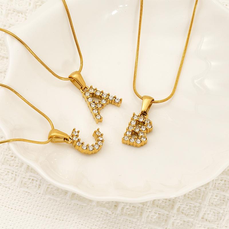 European & American Stainless Steel Diamond Alphabet Pendant Clavicle Chain Necklace for Women