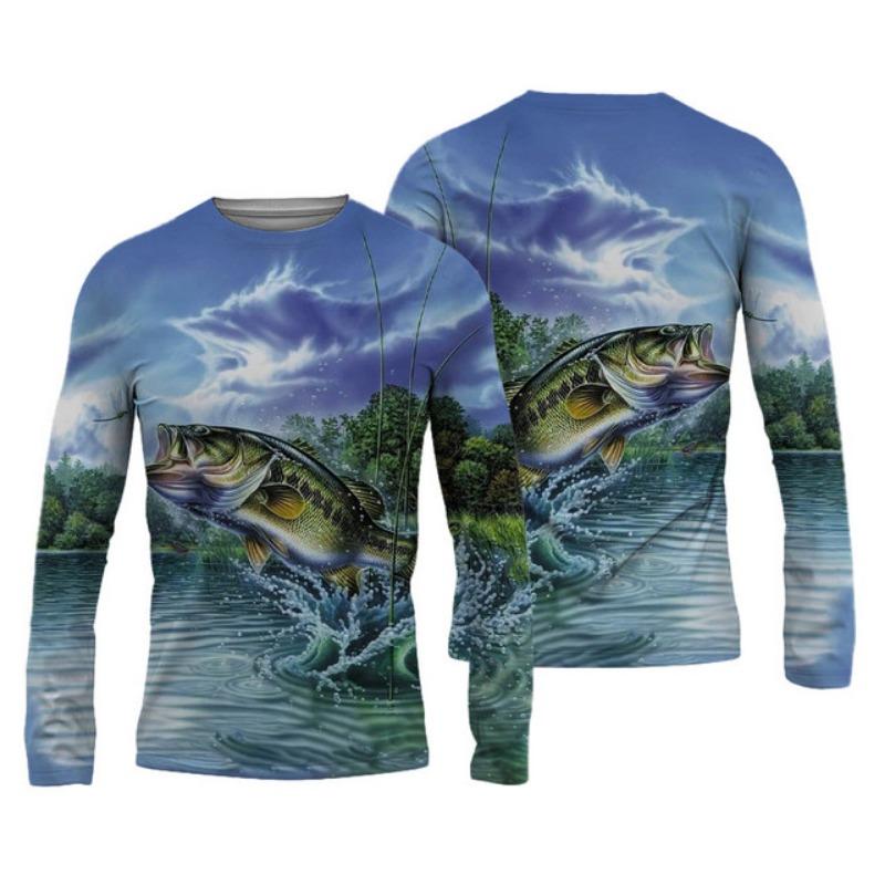 Sommer Herren Angelshirts 3D Pinting Angelbekleidung Atmungsaktives T-Shirt Langarm Outdoor Sport Rundhals Angelshirt 6XL