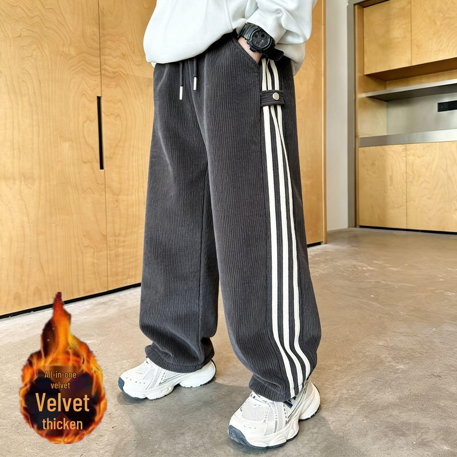 

Boys Plus Velvet Corduroy Winter Street Style Straight Pants: Casual, Handsome, Versatile 140cm сірий колір