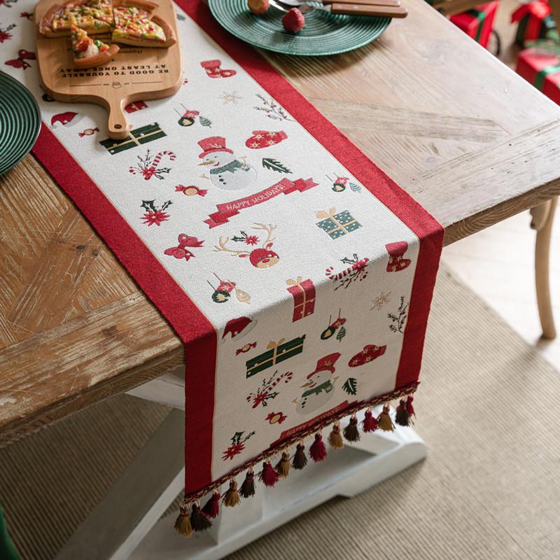 Decorative Fringed Dining Table Tablecloth Colored Woven Jacquard Red Elk Snowman Christmas Table Flag