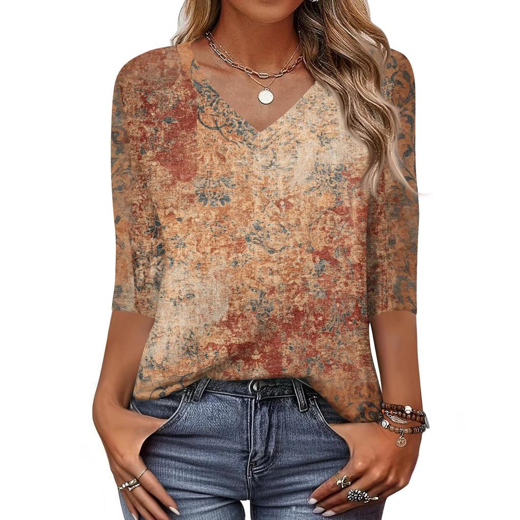 Dames T-skjorte Trykk 3/4 Erme Hverdag Weekend Mote Basic V-hals Vanlig Topp