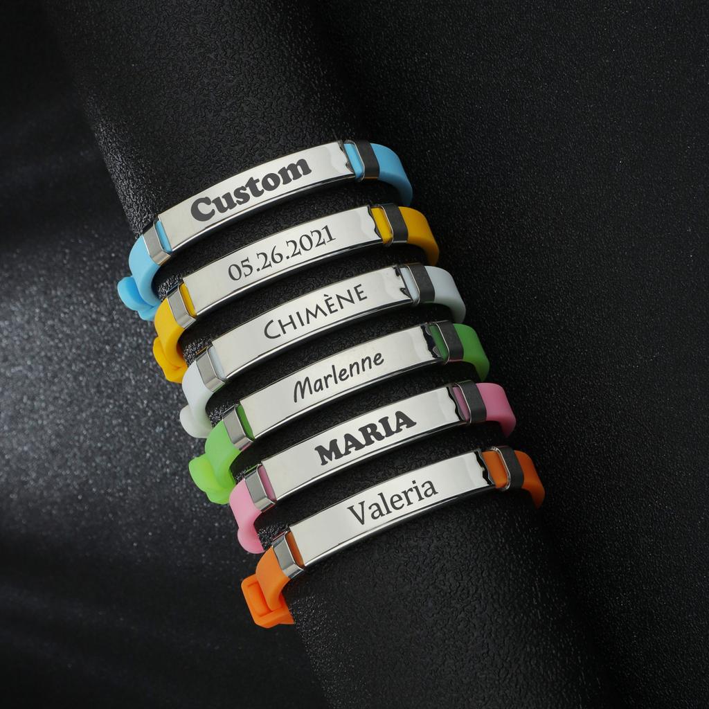 Atoztide Personalized Engrave Name Date Bracelet Stainless Steel For \Women Kids Adjustable Color Luminous Silicone Jewelry Gift