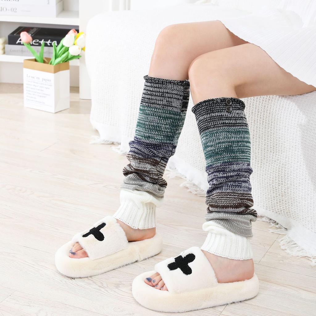 Autumn Winter New Women Shoe Covers Knee Pads Mixed Color Striped Buttons Long Over The Knee Knitted Warm Pile Sock Covers