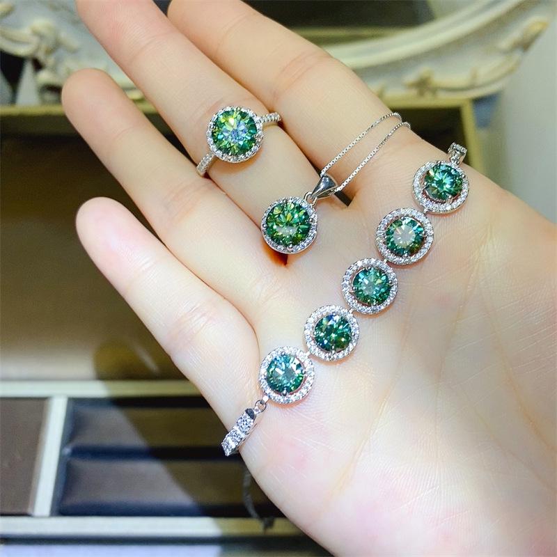 Luxury Green Moissanite Four-Piece Set: Ring, Pendant, Earrings, Bracelet in Classic Fashion
