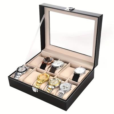 Manufacturer'S Black Faux Leather Watch Storage Box with Dustproof Transparent Cover, Holds 10 Watches And Includes a Lock