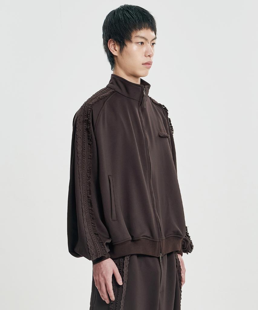 AJOBYAJO Multi Lace Trim Raglan Track Jacket [Dark Brown]