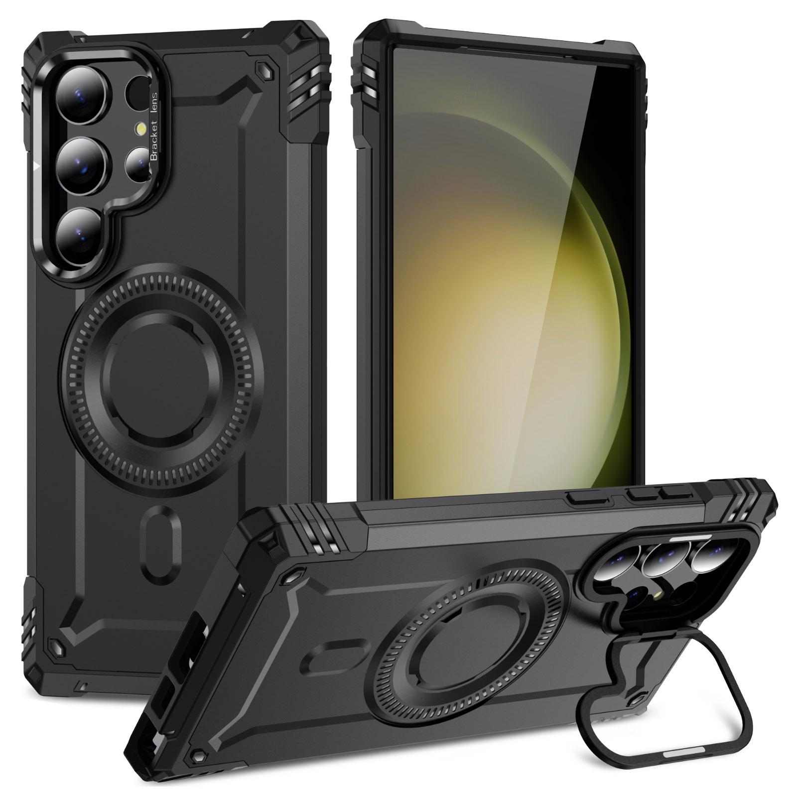

For Samsung Galaxy S23 Ultra Magnetic Case Lens Kickstand PC+TPU Shockproof Phone Cover Black