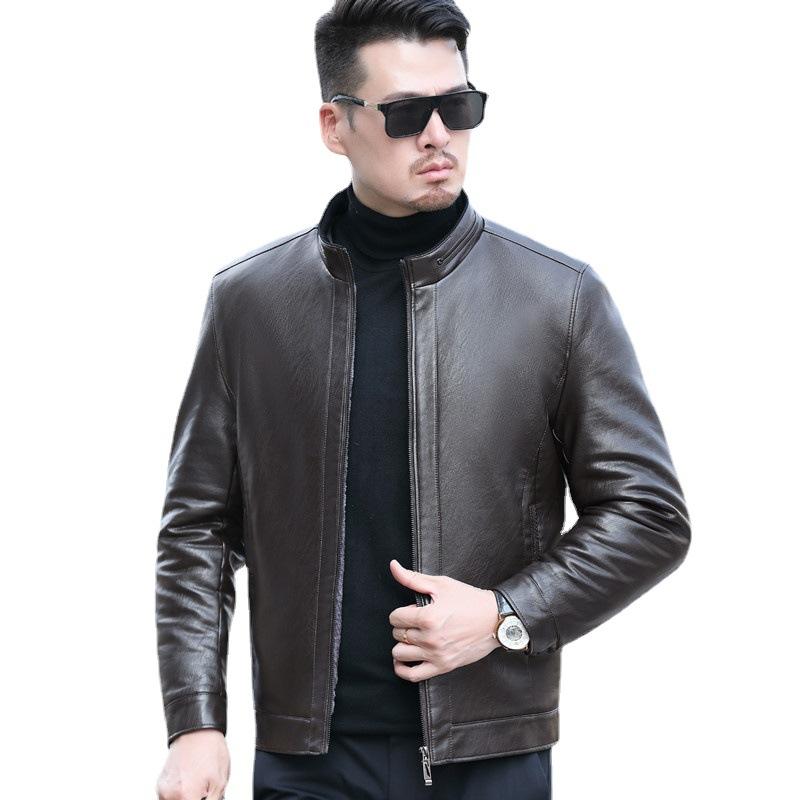 New Leather Jacket Men's Genuine Leather Haining Sheepskin Jacket Stand-up Collar Short Fur Integrated Fleece Thickened Coat
