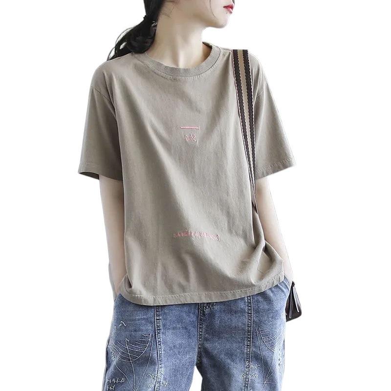 Casual Literary Versatile Crew Neck Short-sleeved T-shirt Women's Summer New Loose Fashion Outerwear Top T-shirt Women