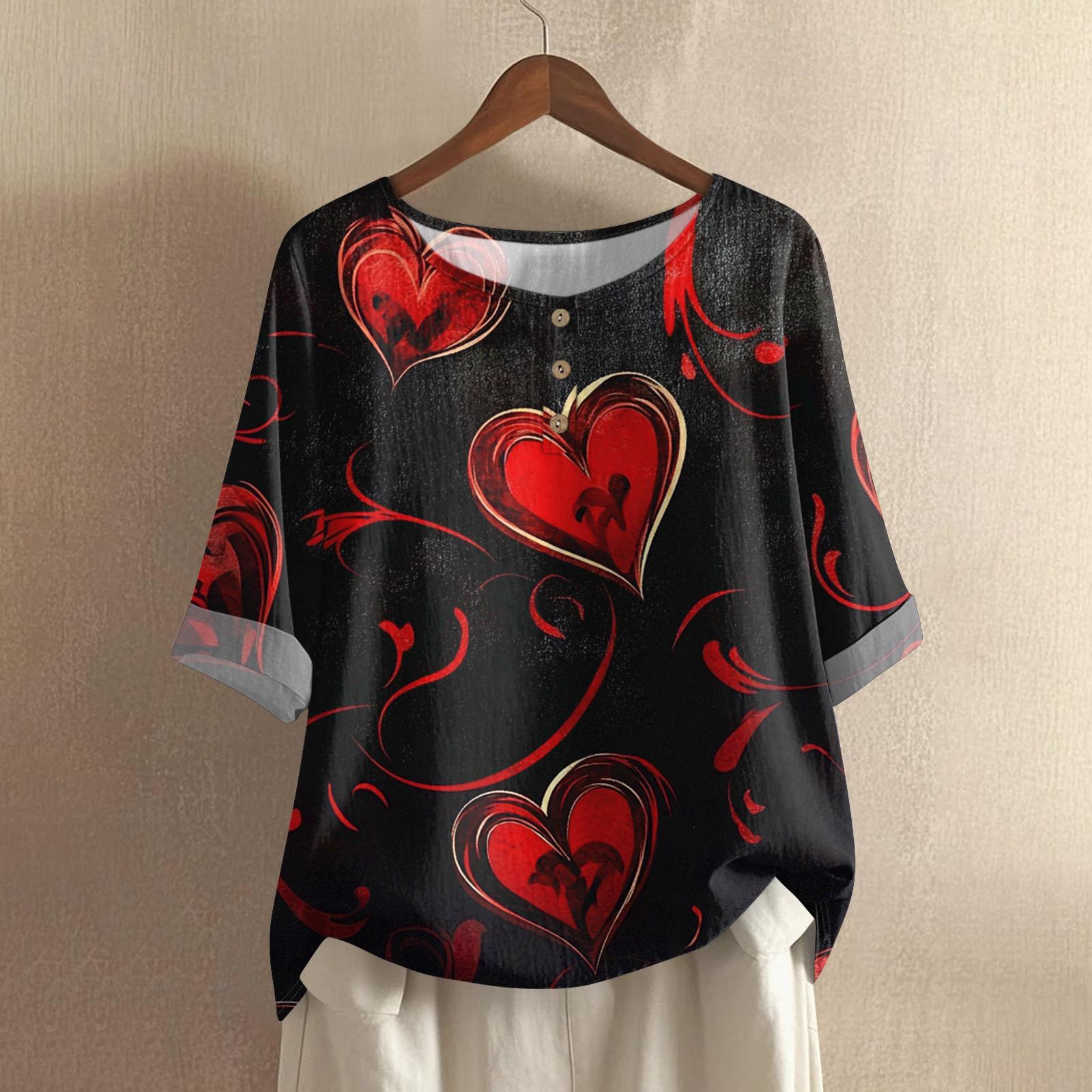 

Women s Valentine s Day Printed Casual Mid Sleeved Round Neck Cotton And Linen Top XL