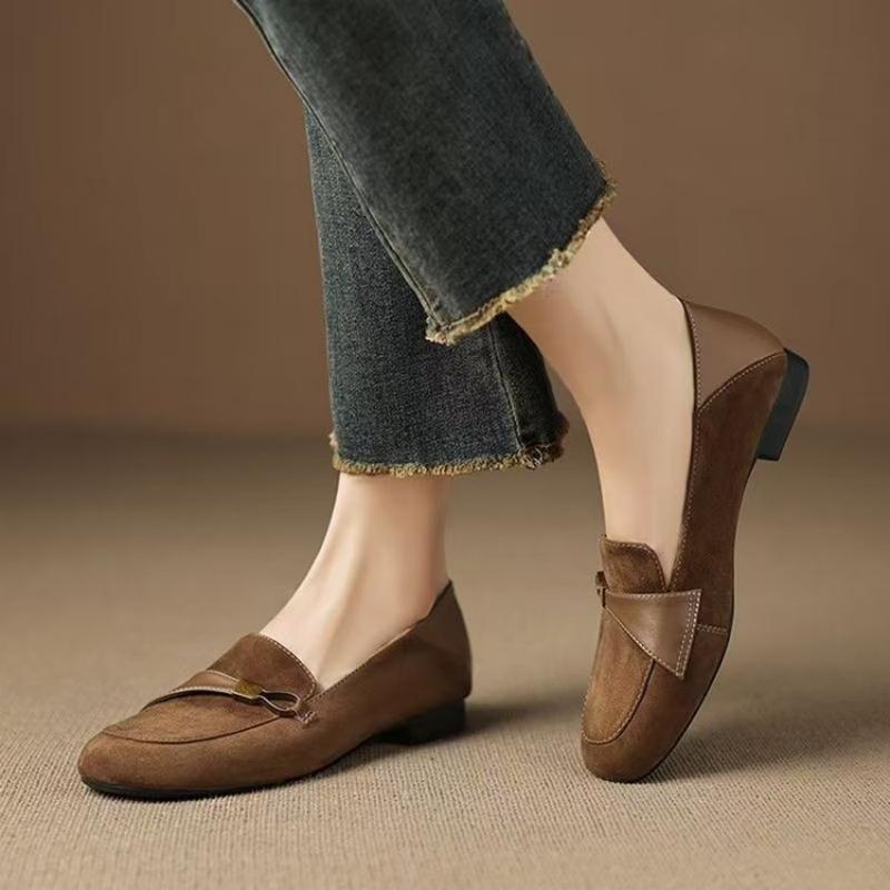 British Style Suede Square Toe Loafers Metal Decor Low Heel Pumps Versatile Retro Office Shoes for Women