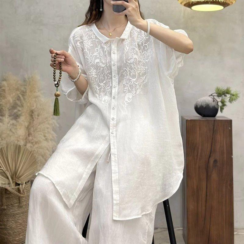 Chemise en lin mélangé brodée pour femme coupe ample manches courtes boutonnée blouse