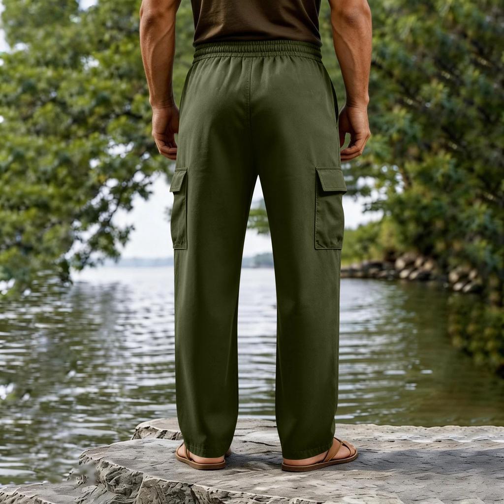 Men's Cotton Linen Drawstring Waist Straight Leg Breathable Long Cargo Pants Casual Loose Fit Trousers with Pockets