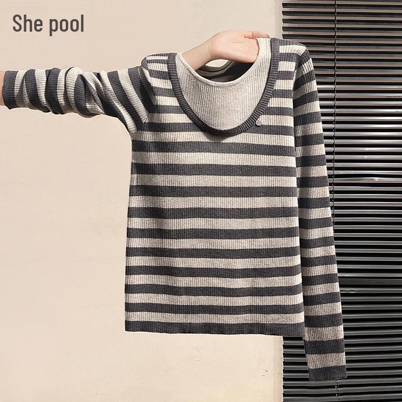 Women s Faux Two-Piece Striped Knit Long-Sleeve T-Shirt One Size