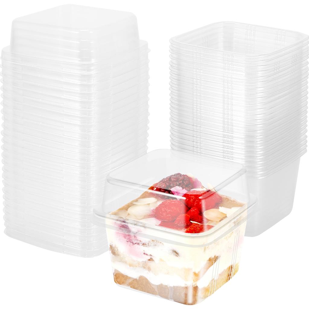 New 50Pcs Plastic Dessert Cups with Lids 8oz Reusable Cupcake Container Clear Square Single Dessert Box Sealed Cake Storage Box