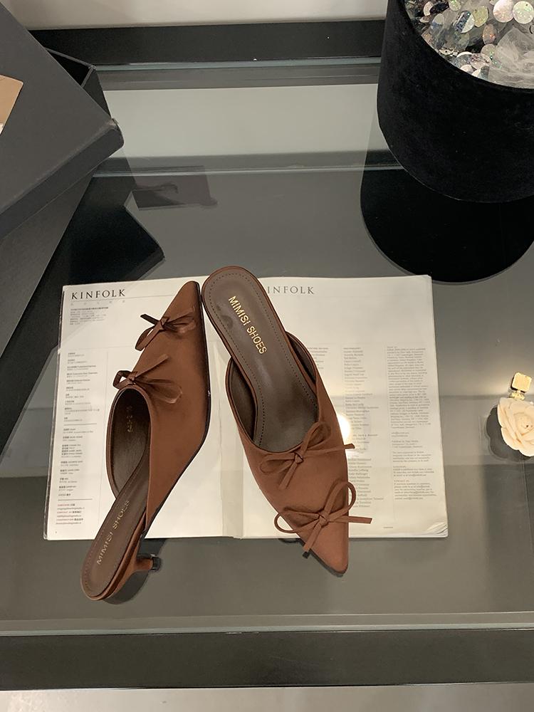 Fashion Fashion Butterfly-Knot Ladies Thin Heels Shoes Pointed Toe Pumps Slides Footwear Women Medium Heels Female Slippers Mules 2025