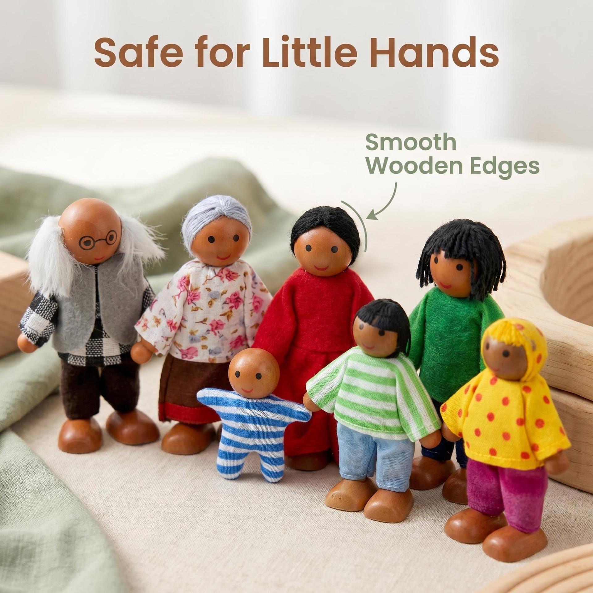 Latin American Wooden Doll Playhouse Set for Family Interaction - Seven Poseable Figures Family of Seven