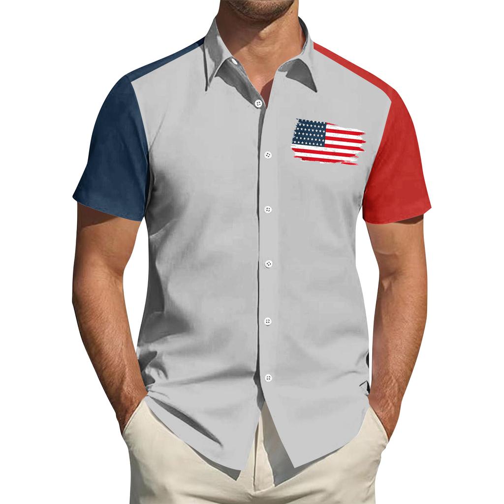 Top da Uomo Stampato per il Giorno dell'Indipendenza con Colletto Camicia Casual Sportiva a Maniche Corte da Uomo