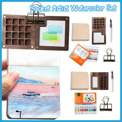 Travel Paint Palette Pocket Artist Watercolor Set with Clip Portable Watercolor Set Wooden Grid Paint Box for School