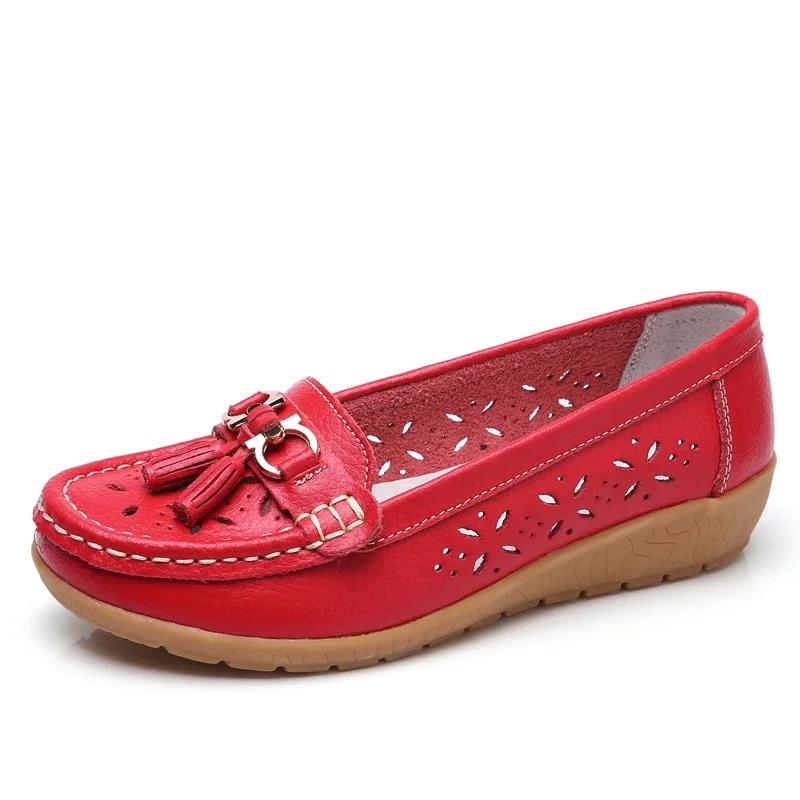 Lightweight Breathable Genuine Leather Moccasins Ladies Non-Slip Bean Walking Shoes Fashion Summer Hollow Slip-On Sandals Women
