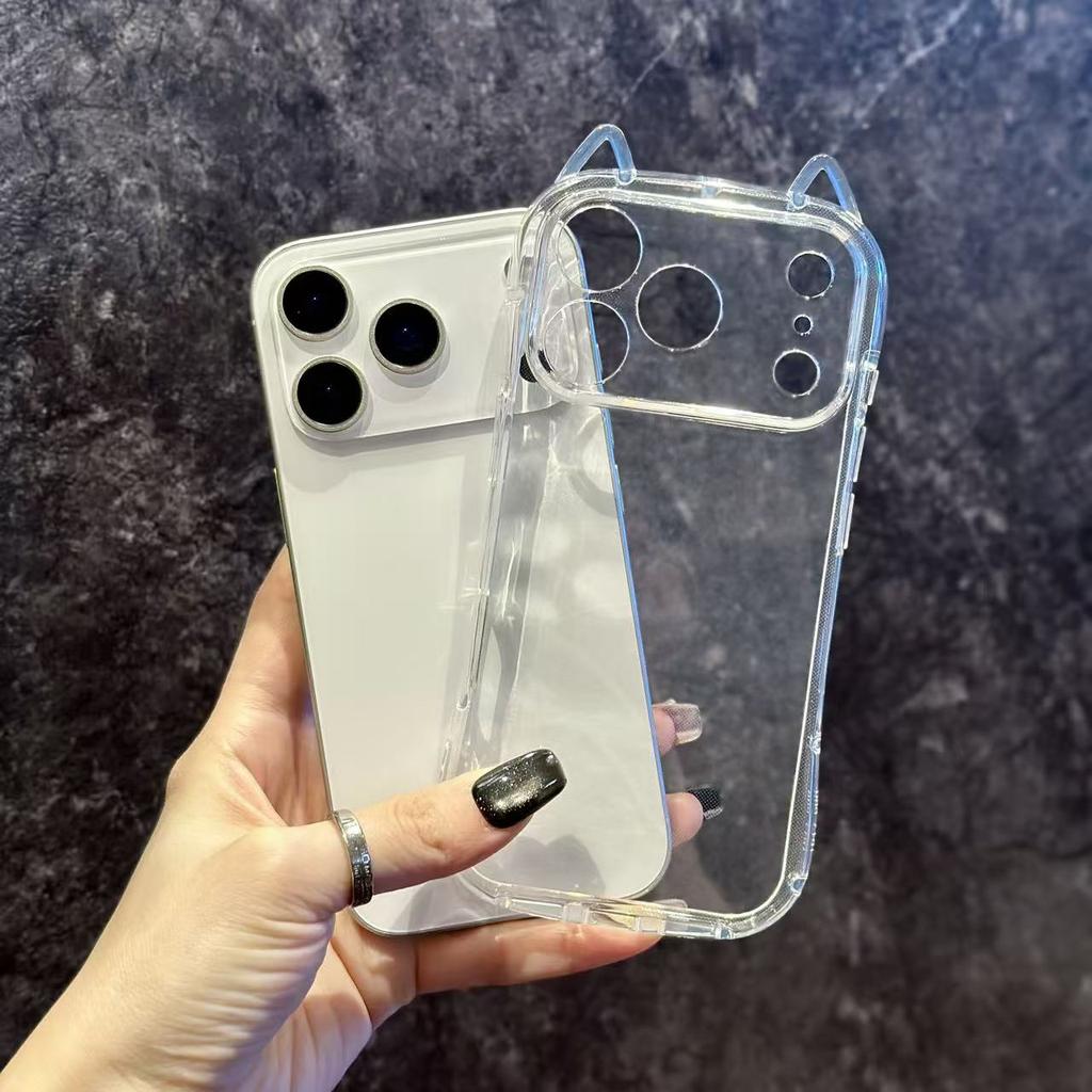Cat's Ears Transparent Shockproof Phone Case for Iphone 17 Air 16 Pro Max 15 Plus 14 Pro 13 12 11 Xr X Xs Max 7 8 Se 2022 2020 Minimalist Soft Cover