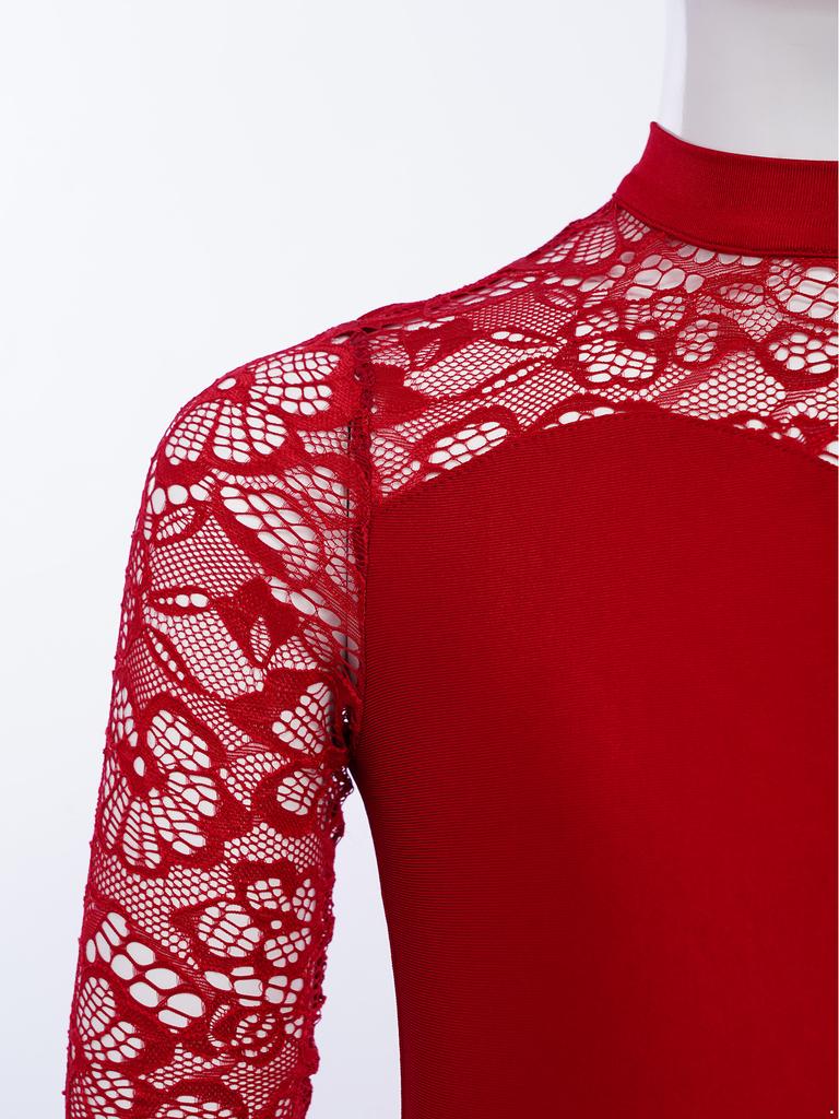 Kids Lace Patchwork Keyhole Back Long Sleeve Leotard Gymnastics Dance Bodysuit for Performance Competition Wear