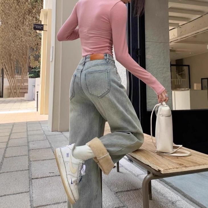 Women's Autumn & Winter High-Waisted Vintage Distressed Wide-Leg Jeans, Yellow-Mud Color, Plus Velvet Thickening, Loose & Warm Long Pants.