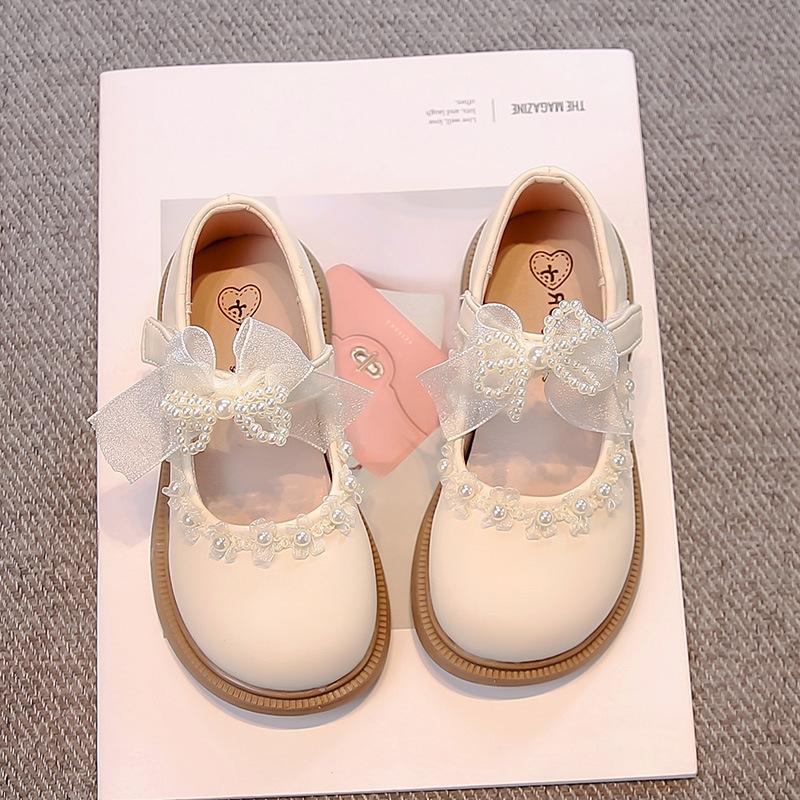 Girls princess leather shoes 2025 spring and autumn new children's foreign soft-soled single shoes pearl bow girls performance shoes