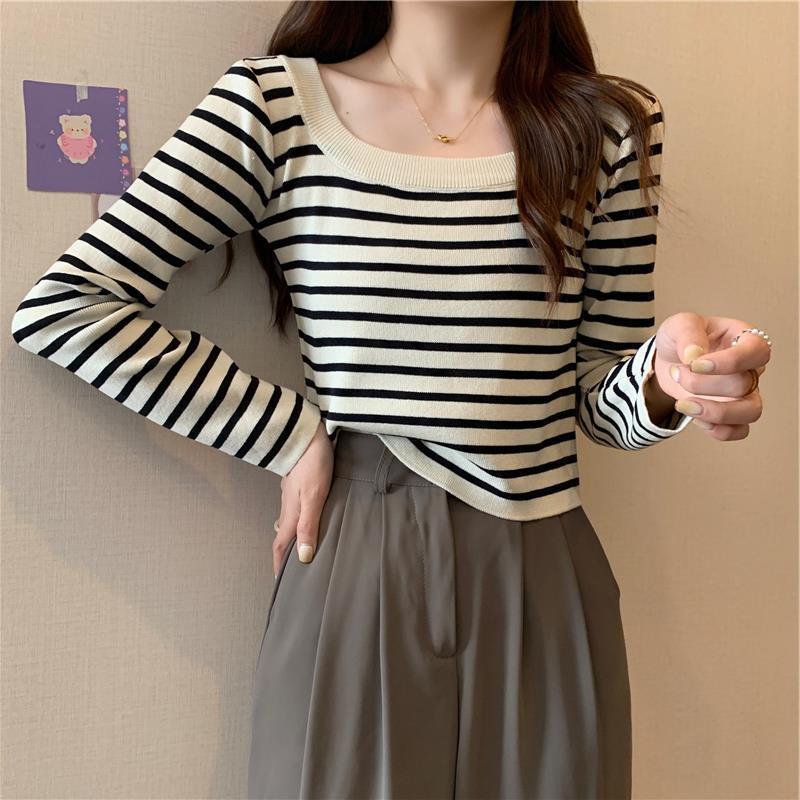 Knitted sweater women's new autumn exposed collarbone striped chic gentle long-sleeved sweater with bottoming shirt top