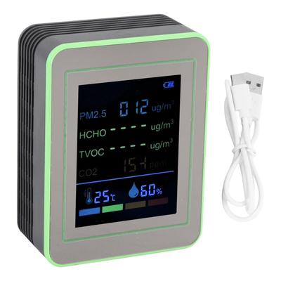 Medidor de Qualidade do Ar 6 em 1 CO2 PM2.5 HCHO TVOC Temp Umidade Testador de Detecção Inteligente Interno Alimentado por Bateria Preto e Verde