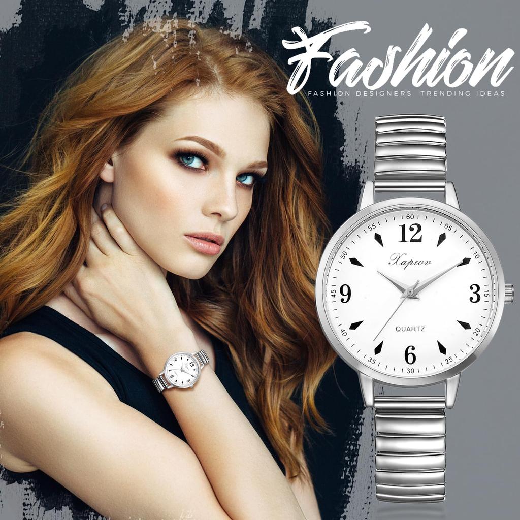 Waterproof Watch with Large Analog Numeric Stretchable Stainless Steel Quartz Fashion Watch Perfect for or as a Gift for Her Women's Display, Silver