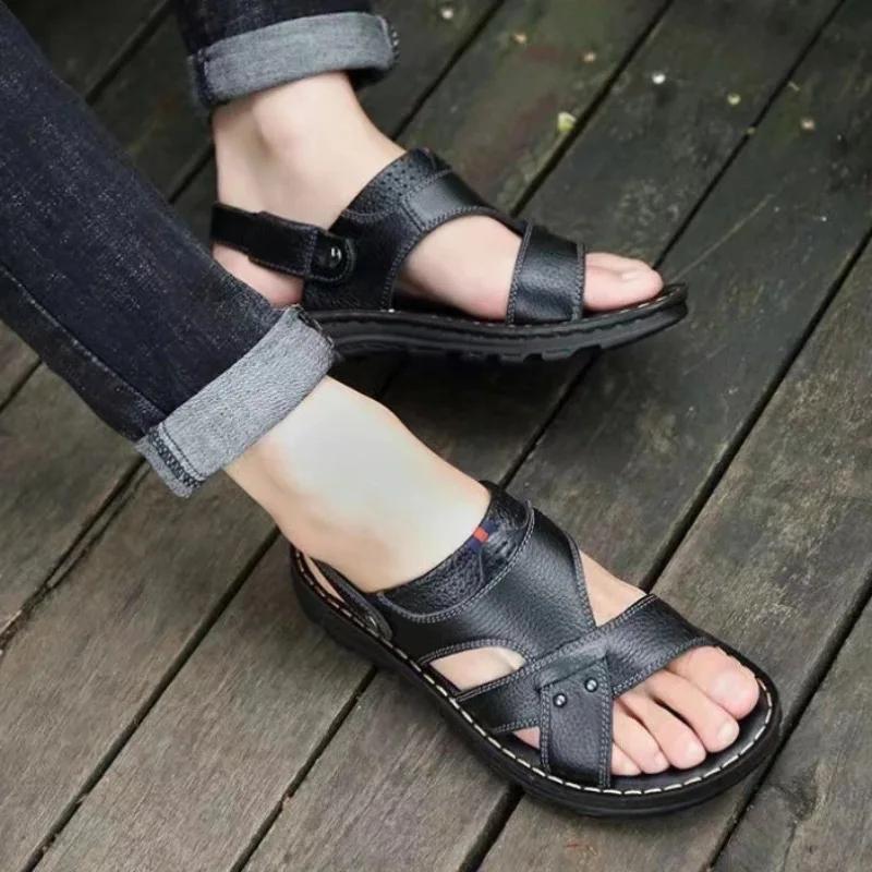 Sommer Herren Sandalen Hochwertige Rindsleder Sandale Mode Lässige Hausschuhe Outdoor Rutschfest Strandschuhe für Männer Neu Flache Sandalen