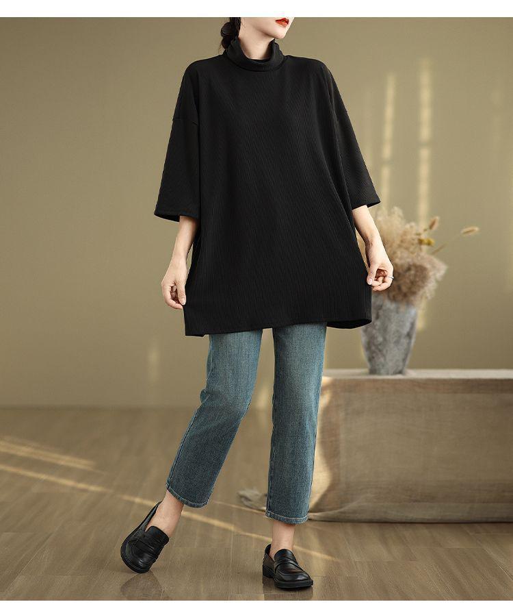 Plus Size Artistic Retro High Neck Short Sleeve Women's T-Shirt - Autumn 2025 Collection, Loose Slimming Fit, Regular Shoulder Base Layer