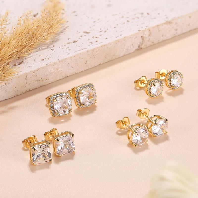 4 pair Stud Earrings for Women Men Gold Plated Hypoallergenic Silver Post Earrings Big Brilliant Simulated Diamond