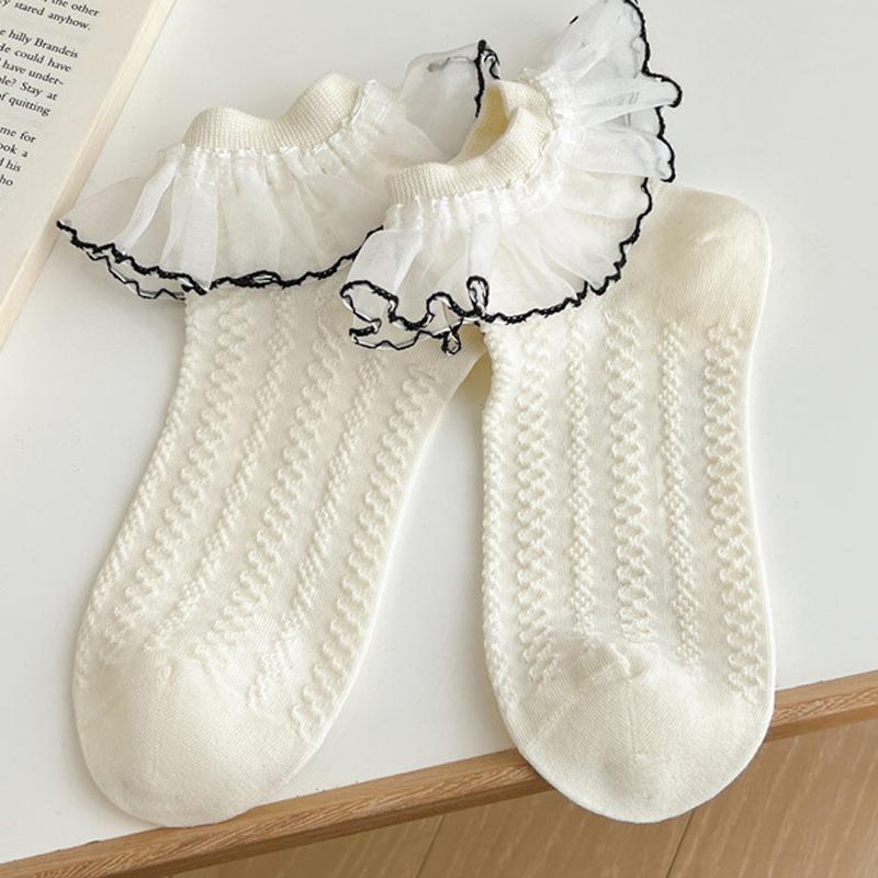 

Молочно-белые носки с кружевом-бантом для женщин, милые носки в стиле лолита, японские носки Jk с кружевом, впитывающие пот носки средней длины