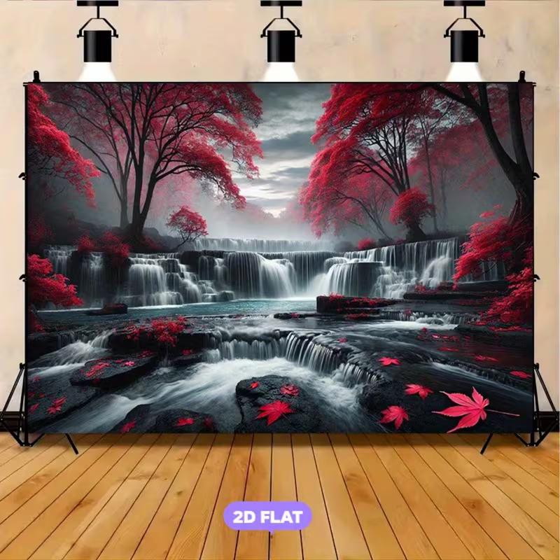2D Zen Forest Waterfall Tapestry Red Maple Trees, Misty Waterfall and Floating Leaves Wall Art 47.2x31.5inch/120*80cm