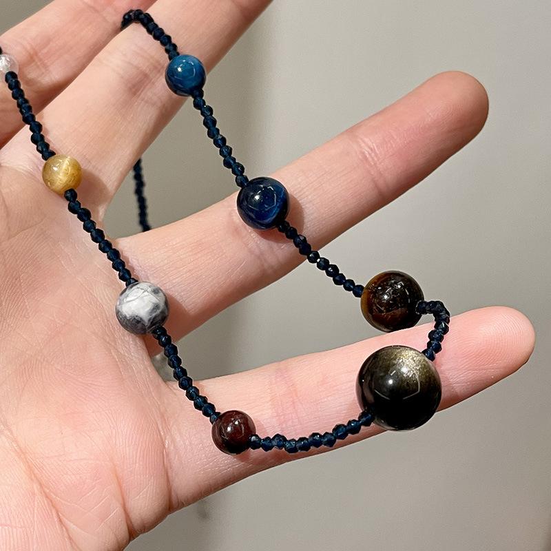 Glazed beads, beaded tiger's eye stone, round color pendant, necklace, women's niche design, collarbone chain, temperament, versatile item decoration