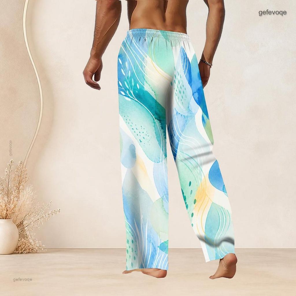 Men S Plus Size Navy Blue Printed Drawstring Waist Straight Leg Beach Pants With Pockets