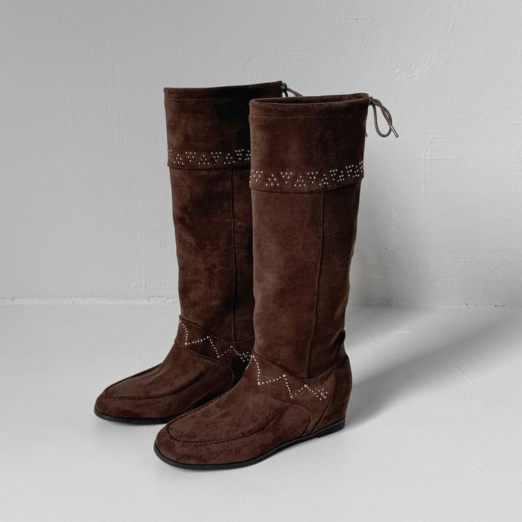 2025 autumn and winter new round head inner height increase but knee high sleeve trend national style stacking boots women