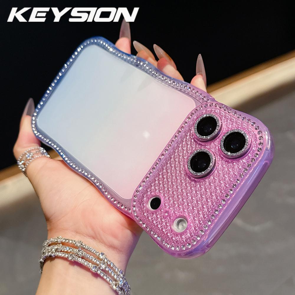 KEYSION Rhinestone Phone Case for iPhone 13 14 15 16 17 Pro Max 17 Air 16 Plus Transparent Wavy Lens Protector Shockproof Back Cover