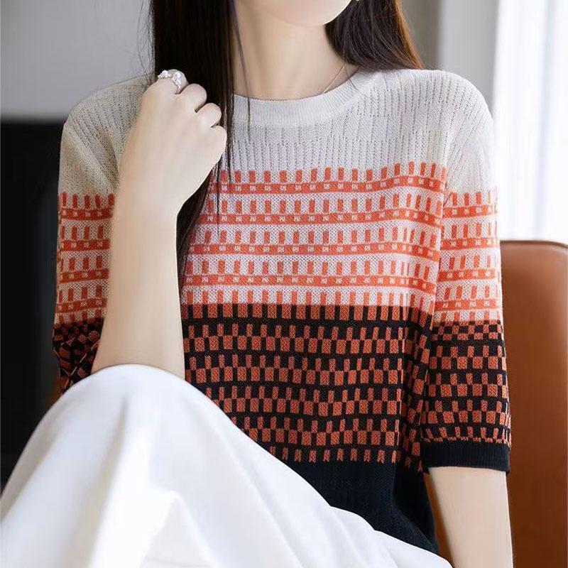 

Футболка с круглым вырезом Вязаная Летняя Женская Мода Градиентная Полосатая С коротким рукавом Плечевой Пуловер Топ XXL оранжевый